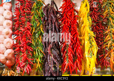 Eine Vielzahl von Chilis hängend auf der Markt La Boqueria, La Rambla, Barcelona, Katalonien, Spanien. Stockfoto