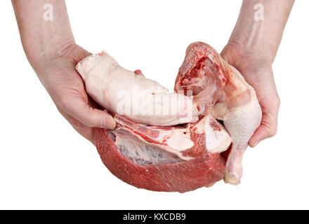 Metzger hält in seinen Händen Stücke frisches rohes Fleisch, Huhn, Rind- und Schweinefleisch. Auf weissem studio Top View shot Isoliert Stockfoto