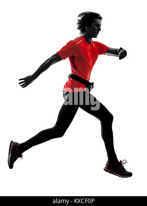 Ein kaukasischer Mann pratcticing Läufer, Jogger Jogging im Studio Silhouette auf weißem Hintergrund Stockfoto