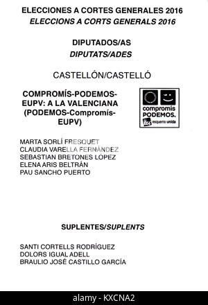 Stimmzettel der spanischen Parlamentswahlen 2016 in Castellón für die Koalition Compromís-Podemos-EUPV-a la Valenciana, die für die Parlamentswahl verwendet wurde. Stockfoto