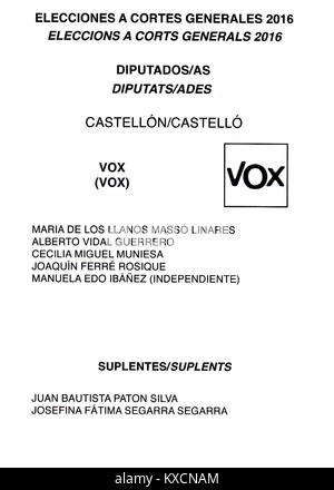 Ein Wahlzettel aus dem Jahr 2016 von den spanischen Parlamentswahlen in Castellón, der die politische Partei Vox vertritt. Das Dokument zeigt offizielle Wahlmaterialien, die während des demokratischen Wahlprozesses in Spanien verwendet wurden. Stockfoto