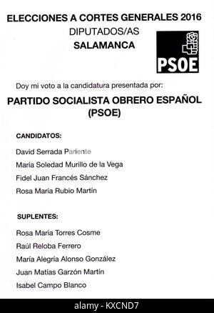 Bild des Stimmzettels der spanischen Parlamentswahlen 2016 im Wahlkreis Salamanca mit der Parteiliste der Sozialistischen Arbeiterpartei (PSOE), die bei den landesweiten Wahlen am 26. Juni 2016 verwendet wurde. Stockfoto