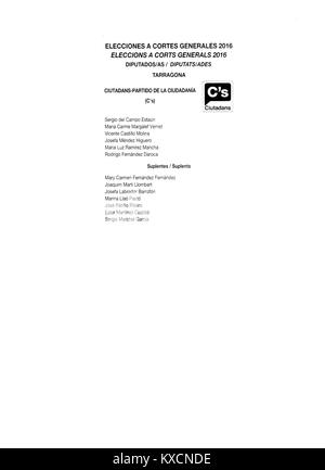Offizieller Stimmzettel der spanischen Parlamentswahlen 2016 in Tarragona für die politische Partei Ciudadanos. Stockfoto