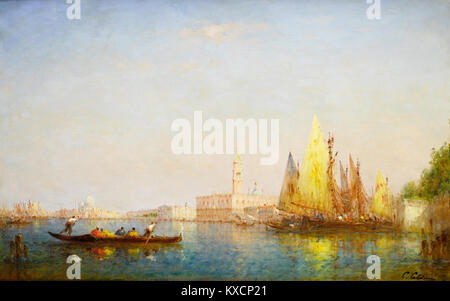 Ein Foto, das im Februar 2017 von Charles Clément Calderon aufgenommen wurde und einen malerischen Blick auf Venedig, Italien, mit seinen Kanälen, Brücken und der unverwechselbaren venezianischen Architektur in sanftem Tageslicht, bietet. Stockfoto