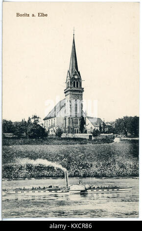 20915 - Boritz-1918-Kirche-Elbe mit Dampfer Kaiser Franz Josef-Brück&Sohn Kunstverlag Stockfoto