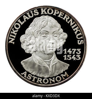 99,9% Beweis Silber Medaillon mit Nikolaus Kopernikus, dem berühmtesten polnischen Astronomen, Mathematiker und Wirtschaftswissenschaftler. Stockfoto