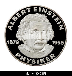 99,9% Beweis Silber Medaillon mit Albert Einstein (1879-1955), der berühmte deutsche Physiker. Stockfoto