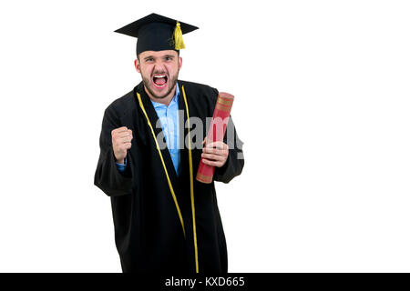 fröhlich lächelnd männliche Absolventen tragen Kleid und Mütze isoliert auf weiss Stockfoto