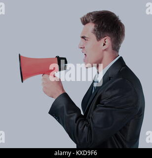 Business Mann laut in ein Megaphon schreien Stockfoto