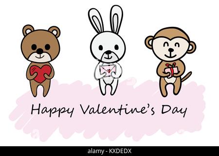 Happy Valentinstag geben Tier Konzept. Bär und Herz, Hase und Schreiben, Affe und Geschenkverpackung. Vector Illustration doodle Stil. Stock Vektor