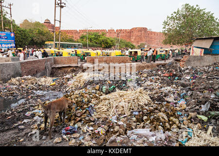 NEW DELHI, INDIEN - 10. April: Großer Müllhaufen und unbekannten Menschen auf der Straße am März 27, 2012, New Delhi, Indien. Indien ist ein sehr schmutziges Land Stockfoto