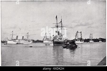 Die Ophir und ihren Fahrzeugkonvoi liegen in Colombo Harbour mit T.R.H. Der Herzog und die Herzogin von Cornwall und York an Bord, April, 1901 Stockfoto