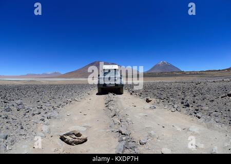 Off-road-Fahrzeug auf dem Weg zur Lagune Route im Altiplano, Reserva Nacional de Fauna Andina Eduardo Abaroa, Sur Lípez Stockfoto