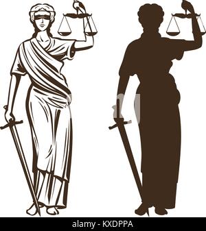 Göttin der Gerechtigkeit. Themis mit verbundenen Augen, Waage und Schwert in den Händen. Vector Illustration auf weißem Hintergrund Stock Vektor