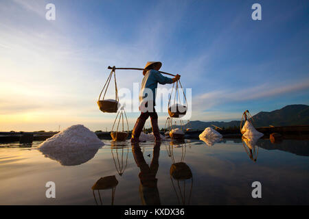 Weibliche Arbeitnehmer Ernte das Salz aus dem Meerwasser Teiche in der Nähe von Doc lassen, Vietnam. Sie arbeiten lange vor Sonnenaufgang, um die meisten der Hitze vermeiden Stockfoto