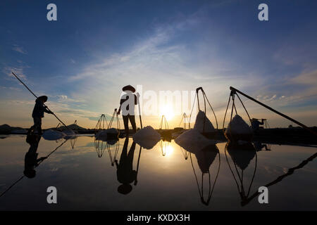 Weibliche Arbeitnehmer Ernte das Salz aus dem Meerwasser Teiche in der Nähe von Doc lassen, Vietnam. Sie arbeiten lange vor Sonnenaufgang, um die meisten der Hitze vermeiden Stockfoto