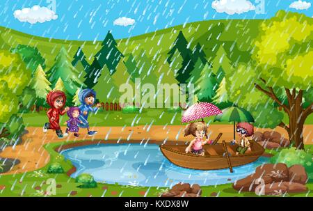 Park Szene mit Kindern Laufen im Regen Abbildung Stock Vektor