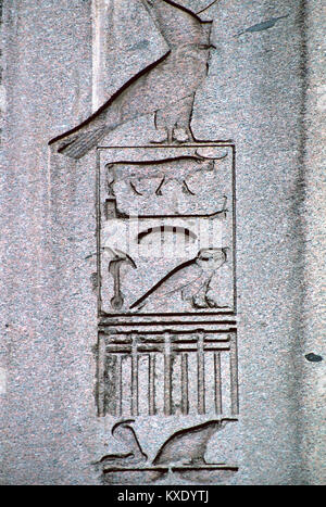 Alten Ägyptischen Hieroglyphen oder hieroglyphischen Inschriften und Symbole auf dem antiken ägyptischen Obelisk (1549-03), auf der Reitbahn, Istanbul, Türkei Stockfoto