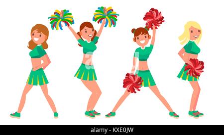 Weibliche Cheerleader Vektor. Unterschiedlichen Posen. Tanzen Sheerleading Frau Team. Gymnast Team in Uniform. Auf weissem Zeichentrickfigur Abbildung isoliert Stock Vektor