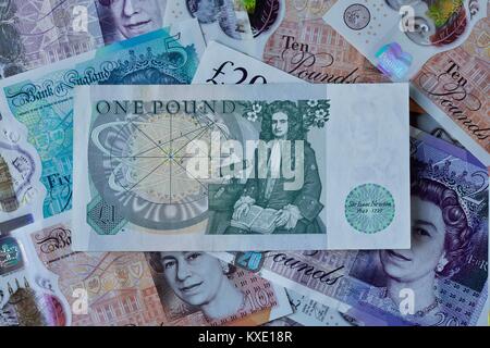 Britische £ 1 Pfund Banknote mit dem neuen Polymer Banknoten im Hintergrund Stockfoto