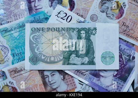Britische £ 1 Pfund Banknote mit dem neuen Polymer Banknoten im Hintergrund Stockfoto