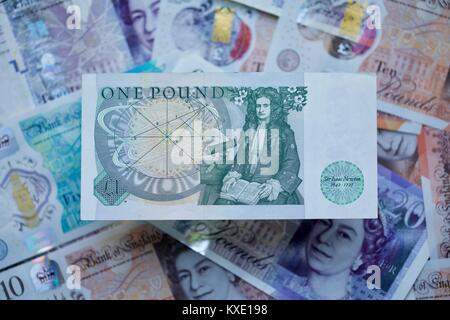 Britische £ 1 Pfund Banknote mit dem neuen Polymer Banknoten im Hintergrund Stockfoto