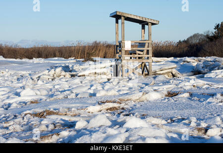 "Keine Rettungsschwimmer". Ein Rettungsschwimmer stehen auf einem vereisten Strand in Barre, Massachusetts, Cape Cod, USA (Grey's Beach) Stockfoto