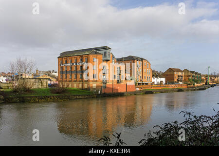 Ein Blick über den Fluss Nene, um eine alte Getreidemühle, untergebracht Mais Kaufleute Latimer & Crick; seit bis zu Wohnungen, Northampton, UK umgewandelt Stockfoto