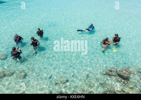 Eine Gruppe von Studenten Tauchen haben eine Lektion im flachen kristallklarem Wasser von einer tropischen Insel. Stockfoto