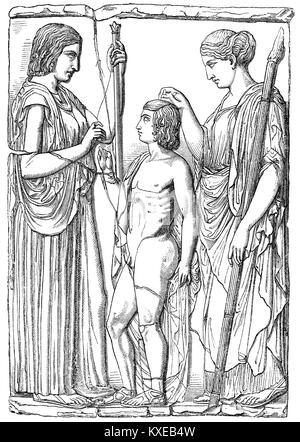 Demeter, Persephone und Triptolemos, eine marmorne Relief von Eleusis, der Griechischen Mythologie Stockfoto