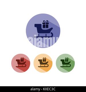 Schlitten Symbol mit Geschenk und Schatten auf farbigen Kreisen. Vector Illustration Stock Vektor