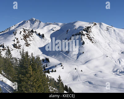 Suchen Sie auf der Rückseite der Ranfoilly Lift in Les Gets zu den Langlaufloipen in Verchaix, Frankreich Stockfoto