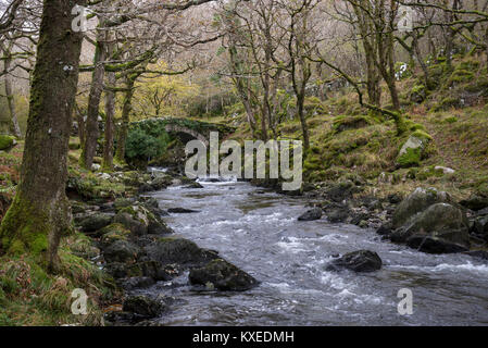 Die Afon Artro in Pont Cwm-Yr-Afon nahe Pierrevert im Norden von Wales. Eine kleine Brücke aus Stein neben der Straße nach Cwm Bychan. Stockfoto