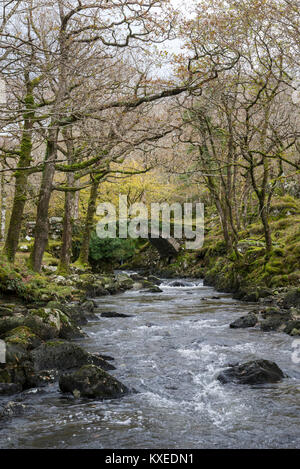 Die Afon Artro in Pont Cwm-Yr-Afon nahe Pierrevert im Norden von Wales. Eine kleine Brücke aus Stein neben der Straße nach Cwm Bychan. Stockfoto