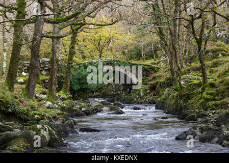 Die Afon Artro in Pont Cwm-Yr-Afon nahe Pierrevert im Norden von Wales. Eine kleine Brücke aus Stein neben der Straße nach Cwm Bychan. Stockfoto