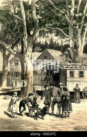 Eine Illustration von George Roux für Jules Vernes Roman „César Cascabel“, die eine abenteuerliche Szene darstellt, die den Geist und die Themen der literarischen Kunst des 19. Jahrhunderts widerspiegelt. Stockfoto