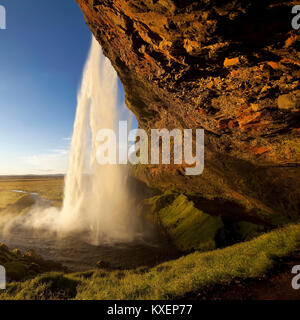 Der Wasserfall Seljalandsfoss im Abendlicht, Seljalandsa River, South Island, Insel Stockfoto