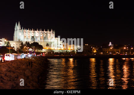 Nacht Blick auf Palma de Mallorca Kathedrale La Seu, aus dem Hafen. Palma De Mallorca, Spanien Stockfoto