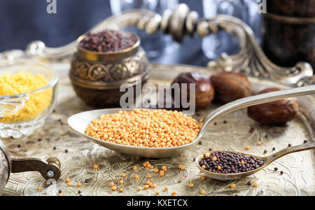 Senfkörner, gelb und braun, in Löffel Stockfoto