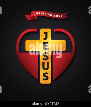 Die christliche Liebe Jesus, Vektor kreatives Design Symbol. Goldenes Kreuz mit Jesus Namen in ein rotes Herz eingeschrieben ist, die Liebe zu Jesus Christus symbolisieren Stock Vektor