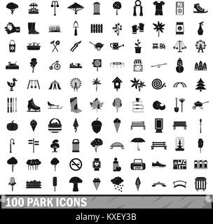 100 Park Symbole in einem einfachen Stil eingerichtet Stock Vektor