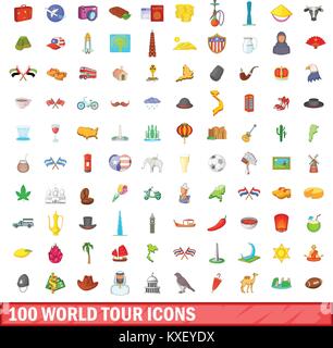 100 Welt Tour Icons set, cartoon-Stil Stock Vektor