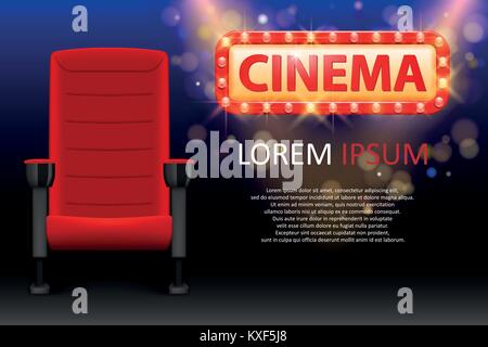 Banner Design für das Kino. Realistische rot komfortable Sitze. Kino Plakat mit Zeilen und Leuchten. Vector Illustration. Stock Vektor