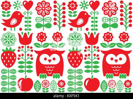 Finnische inspiriert nahtlose Vektor Volkskunst Muster - skandinavisches Design, Nordic Tapete mit Blumen und Vögel Stock Vektor