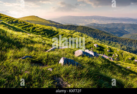 Felsbrocken auf grashängen von Runa Berg. schönen bergigen Landschaft an einem bewölkten Sommertag Stockfoto