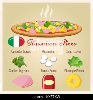 Pizza Hawaii. Italienisches Gebäck zubereitet Pizza mit Ananas und Käse, Schinken und Korianderblätter Vector Illustration Stock Vektor