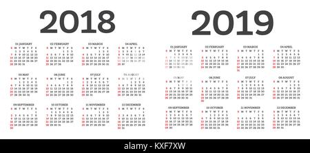 Kalender 2018 2019 isoliert auf weißem Hintergrund. Woche beginnt ab Sonntag. Vector Illustration. Stock Vektor