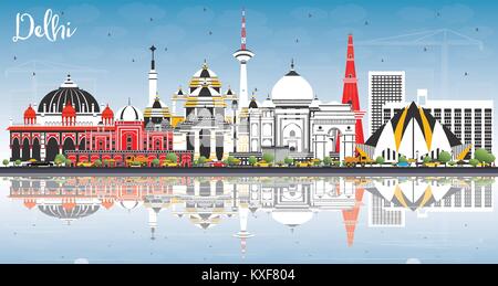 Delhi Indien Skyline der Stadt mit Gebäuden, blauer Himmel und Reflexionen. Vector Illustration. Business Travel und Tourismus Konzept Stock Vektor