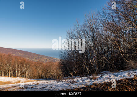 Chania von Skigebiet Pilion mit ein wenig Schnee an einem sonnigen Tag Stockfoto