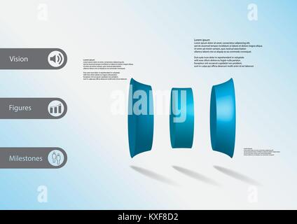 3D-Illustration Infografik Vorlage mit dem Motiv des deformierten Bar vertikal geteilt, drei blaue Teile mit einfachen Zeichen und Mustertext auf Seite in bar Stock Vektor